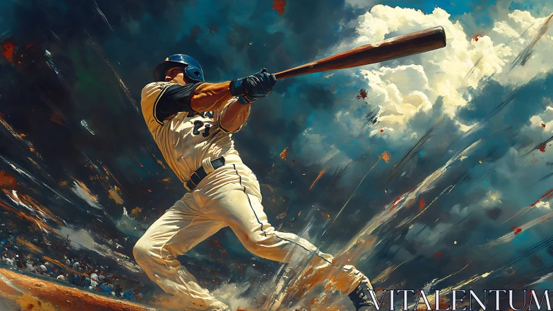 Explosive home run swing in dynamic digital baseball painting.