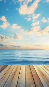 Sunlit wooden pier meets calm blue ocean horizon at dusk.
