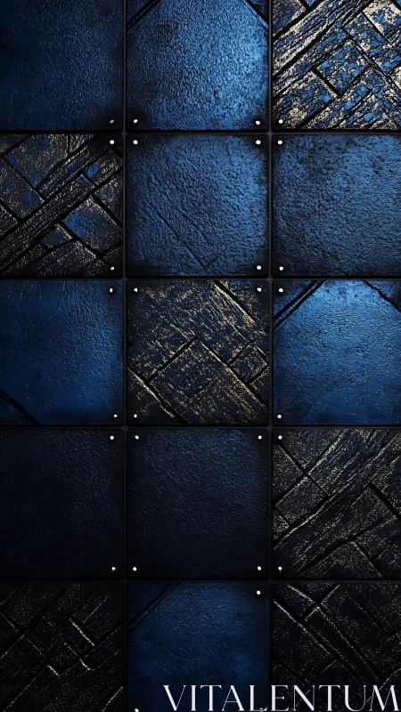 Textured blue metal tiles form geometric industrial grid.
