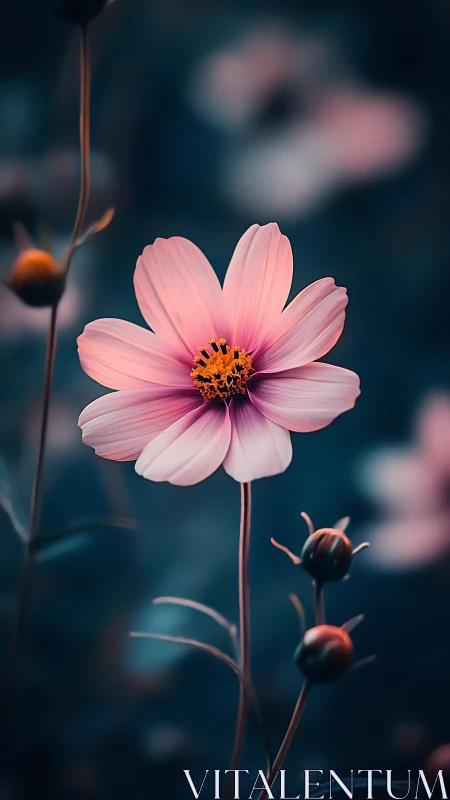 Pink Cosmos Flower with Golden Stamen Center Against Deep Teal Bokeh Background.