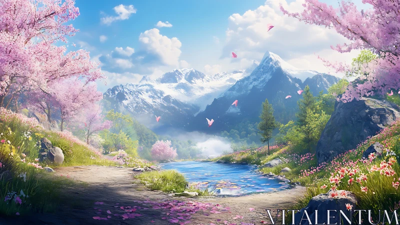 Digital landscape depicts alpine lake amid blossom trees
