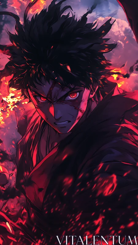 Battle-scarred warrior in crimson inferno lighting portrait.