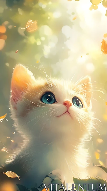 White Cat with Blue Eyes Among Falling Autumn Leaves.