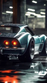 Classic teal sports car glowing softly in rainy garage.