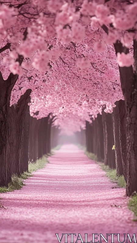 Cherry blossom tree tunnel with pink petal pathway.