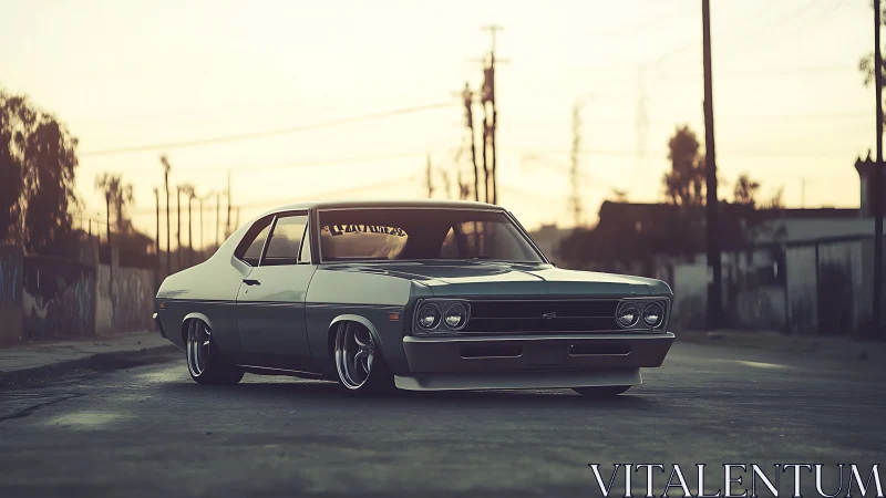 Low-slung classic muscle car rendered in cinematic street light