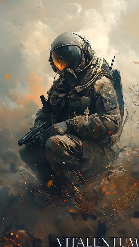 Digital painting of kneeling tactical astronaut amid embers.