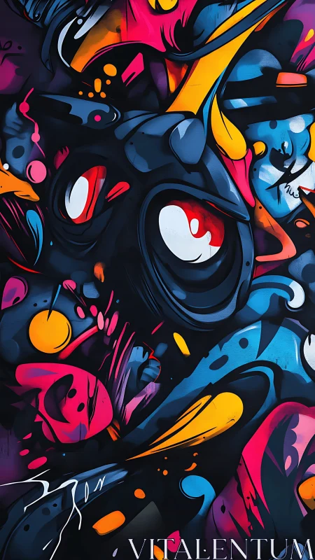 Neon graffiti creature fills frame in vibrant abstract chaos