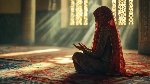 Woman Praying in Mosque with Sun Rays, Serene Artistic Style.