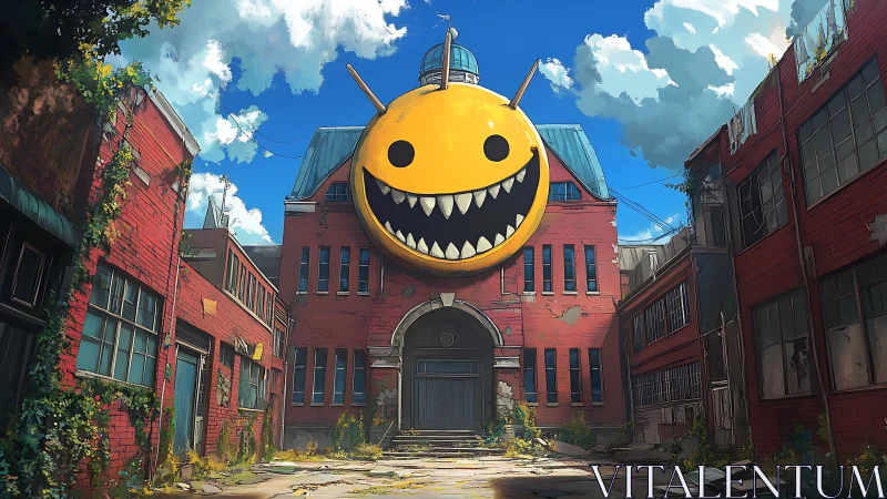 Sunlit schoolyard beneath a wildly grinning yellow guardian.