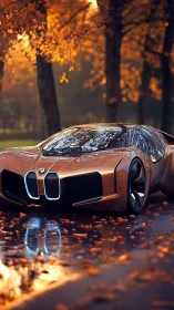 Copper BMW concept car sits on wet autumn road with leaves