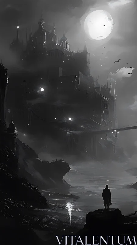 Wanderer gazes toward a moonlit gothic riverside city.