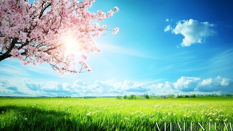 Cherry blossoms over sunlit meadow under clear blue sky.