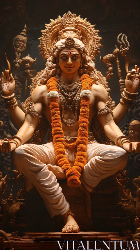 Seated multi-armed deity statue is rendered in warm lighting