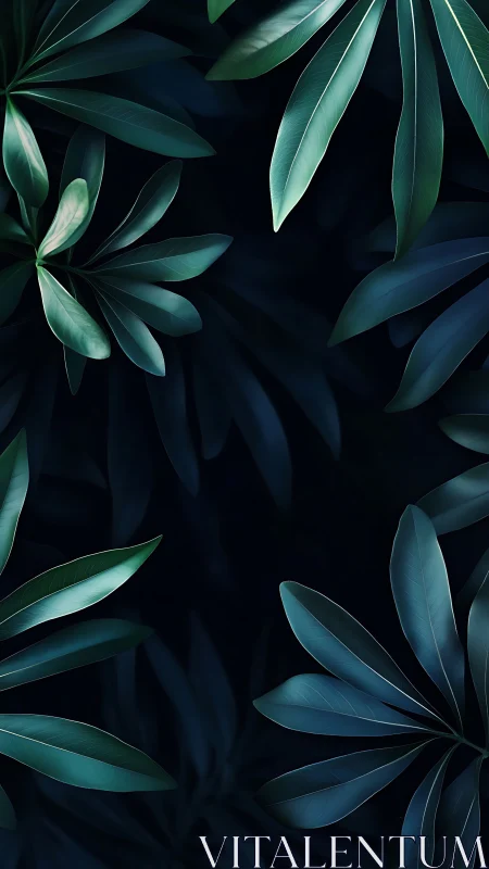 Dark background with layered teal tropical leaves pattern.