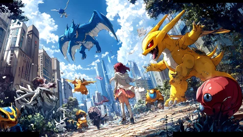 Urban trainer crossing kaiju avenue in anime metropolis.