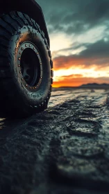 Off-road vehicle tire on wet terrain at coastal sunset.