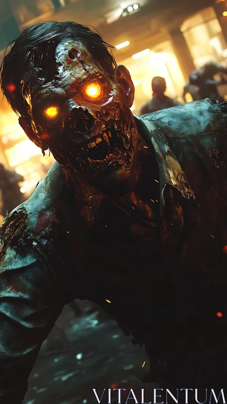 Glowing-eyed zombie lunges through neon-soaked urban chaos.