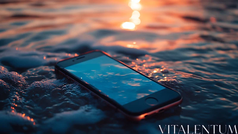 Smartphone lying in shallow seawater at bright sunset.