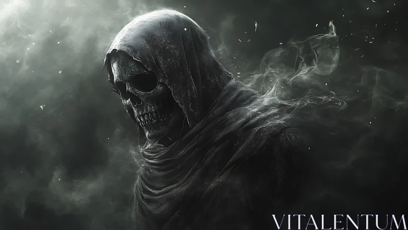 Grim reaper skull emerges from swirling spectral smoke.