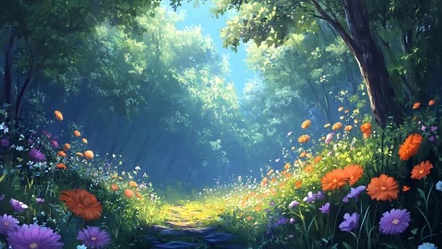Forest Path with Flowering Borders and Canopy Vegetation