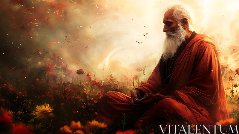 Elder monk meditates in blazing floral field at dawn.