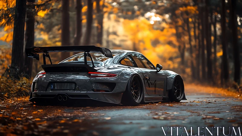 Track-hungry Porsche prowls through ember-lit autumn forest.