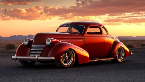 Red classic coupe hot rod parked on desert road at sunset