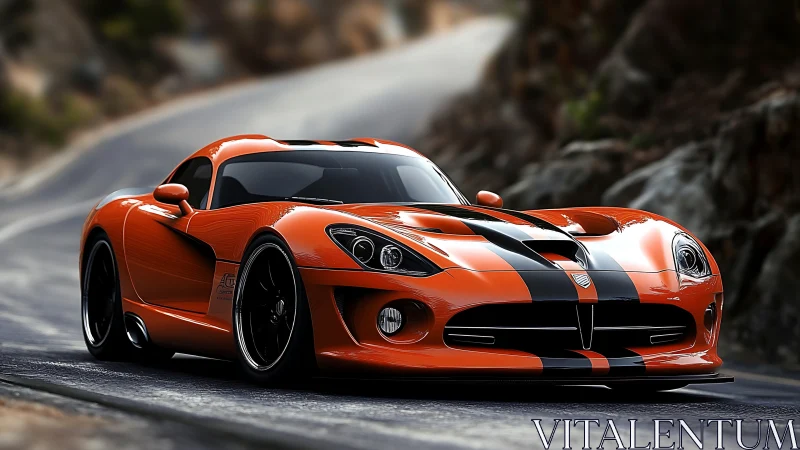 Tiger-striped supercar prowls a winding mountain road.