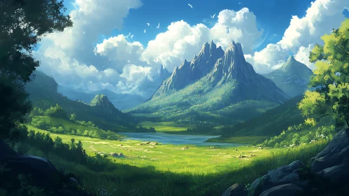 Digital painting of luminous alpine valley and spired peaks.