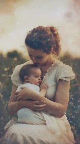 Soft-focus maternal portrait cradling sleeping infant outdoors