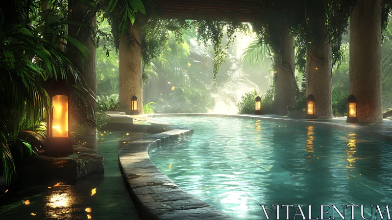 Covered tropical pool with stone columns and lantern light.