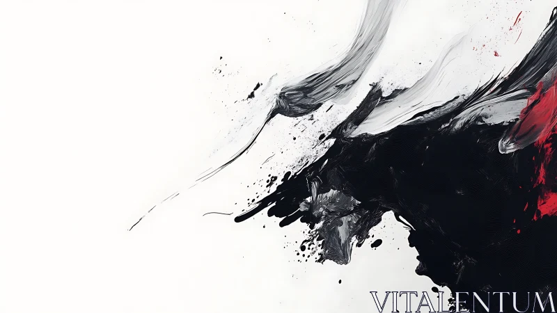 Monochrome brushstrokes collide with red in dynamic motion.