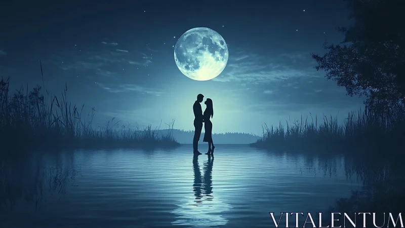 Couple Embracing Under Full Moon Over Water