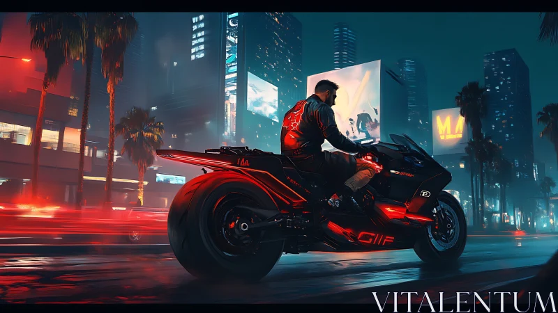 Nighttime urban rider on illuminated futuristic motorcycle
