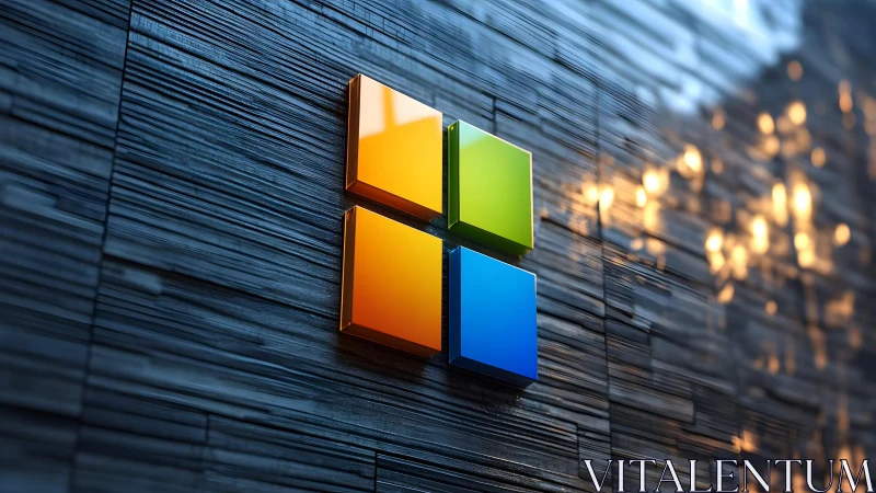 Modern Microsoft logo on textured wall with dramatic lighting.