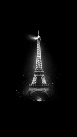 Monochrome Eiffel Tower silhouette on black background.
