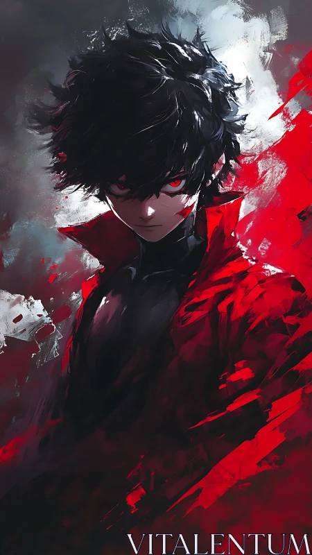 Mysterious red‑eyed hero wrapped in bold swirling crimson.