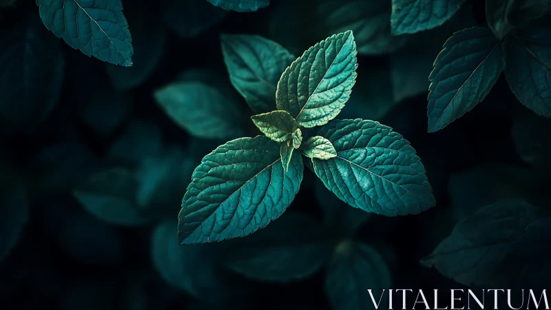 Central mint leaves in moody teal light and deep shadow.
