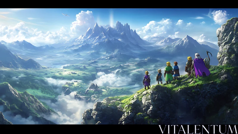 New friends on a bright quest across sunlit fantasy peaks.