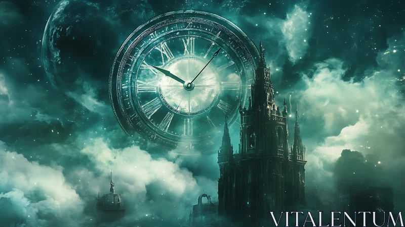 Celestial clock over dreamy gothic city in swirling starlight.