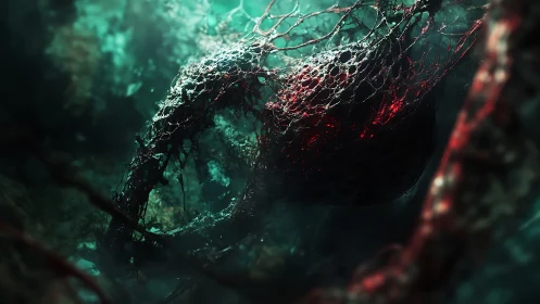 Bioluminescent crimson core wrapped in decayed organic lattice mesh