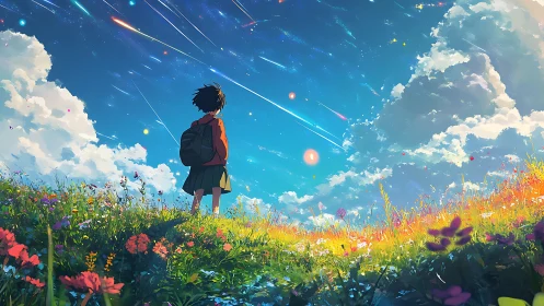 Backpack dreamer under wild meteor-kissed summer sky.