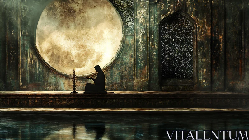 Solitary robed figure prays before lunar portal in decayed hall