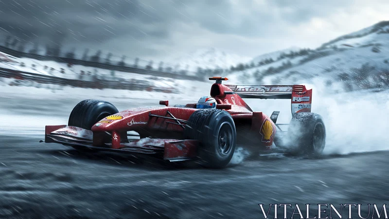 Red Formula race car sliding fast on snowy mountain track.