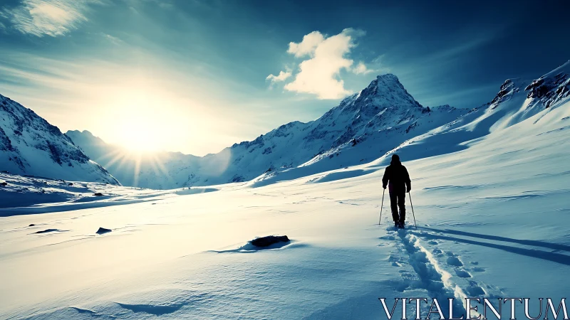 Lone winter trekker crossing a sunlit mountain valley.
