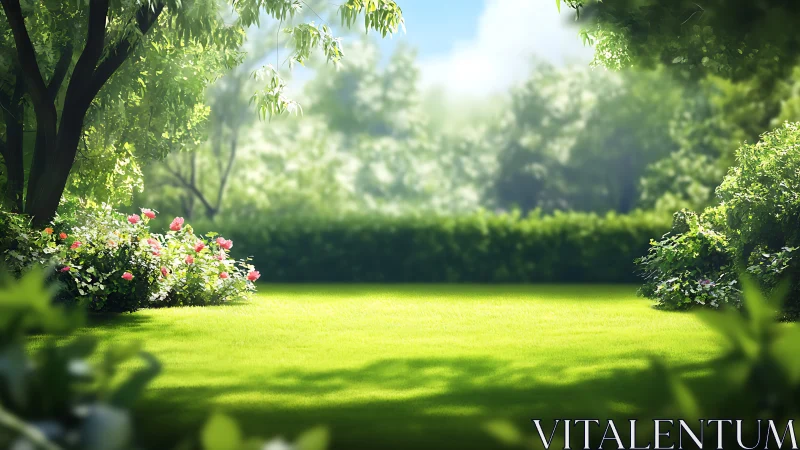 Sunlit lawn with trees, hedges and flowering shrub borders