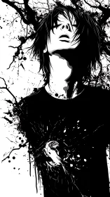 Monochrome figure dissolves into splattered ink branches.