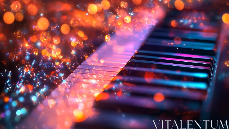 Neon piano keys glow beneath swirling bokeh lights