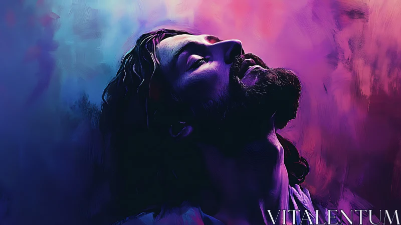 High contrast portrait of bearded man lit by magenta cyan gradients